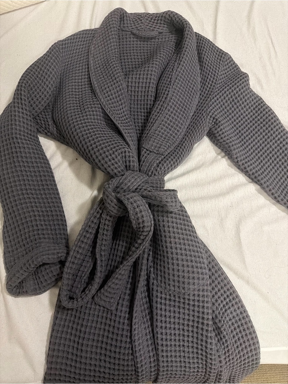 Waffle-Knit Tie Waist Bath Robe - Charcoal